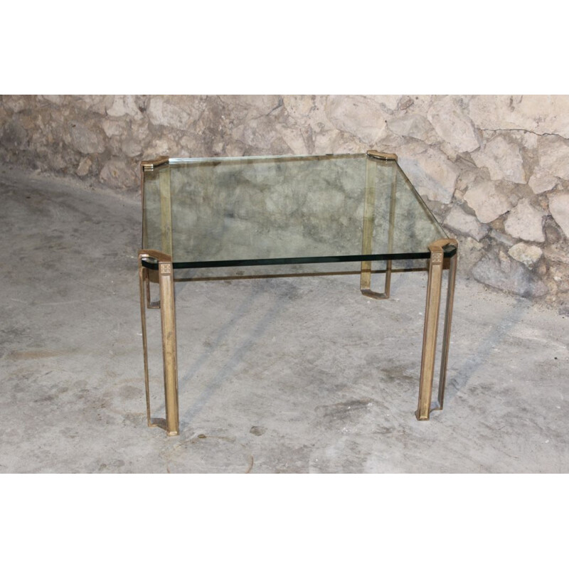 Table basse carrée vintage en verre et laiton massif par Peter Ghyzcy, 1970