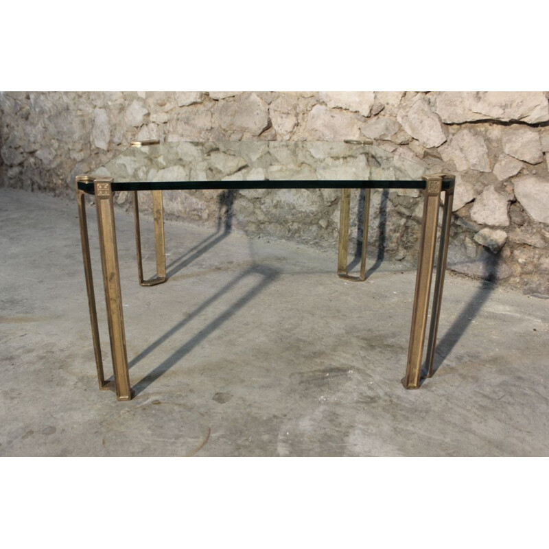 Vintage square coffee table in glass and brass by Peter Ghyzcy, 1970s