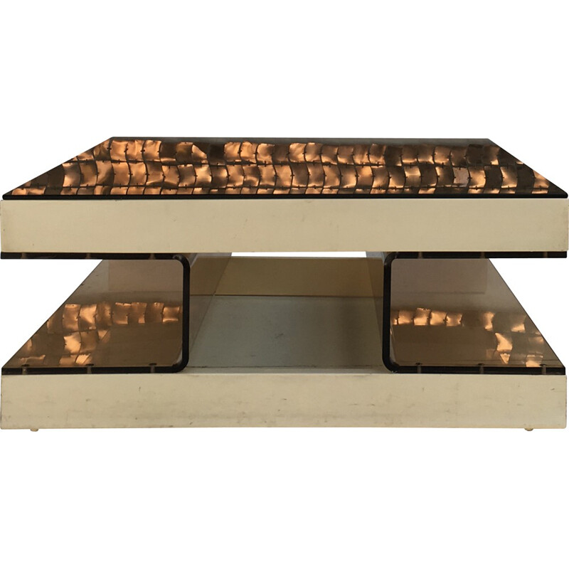 Vintage coffee table in smoked glass, plexiglass and wood, 1970