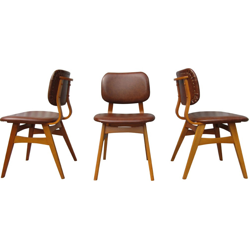 Ensemble de 3 chaises vintage en bouleau et vinyle - 1950
