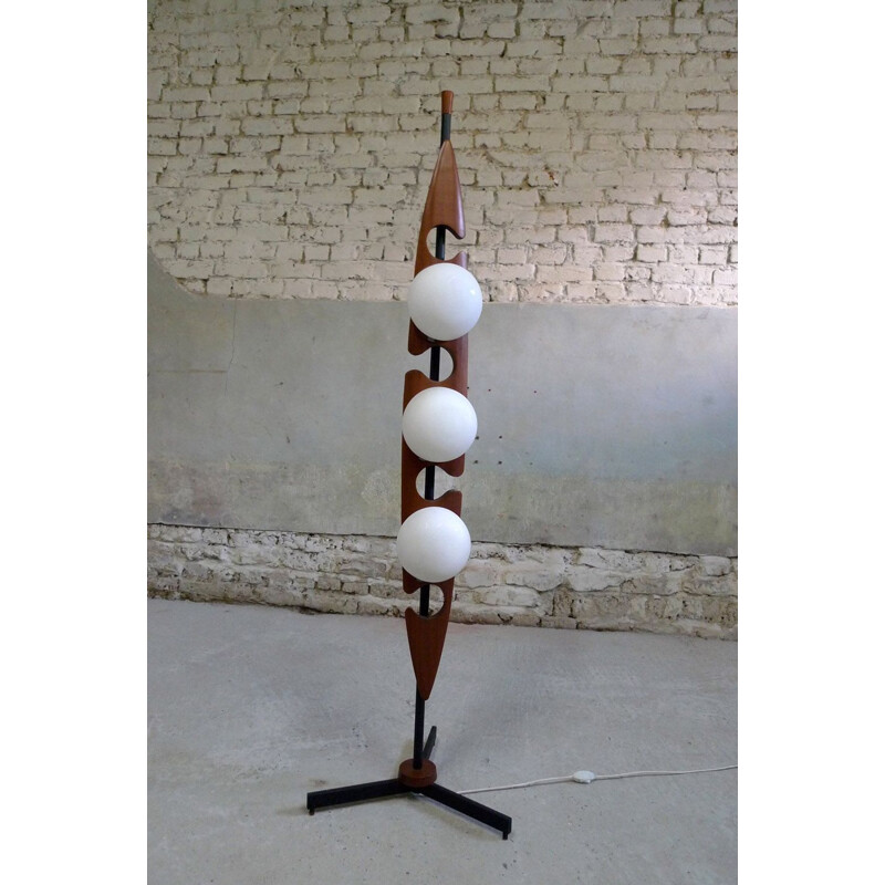 Vintage Floor Lamp in opaline and teak by Reggiani, 1950s