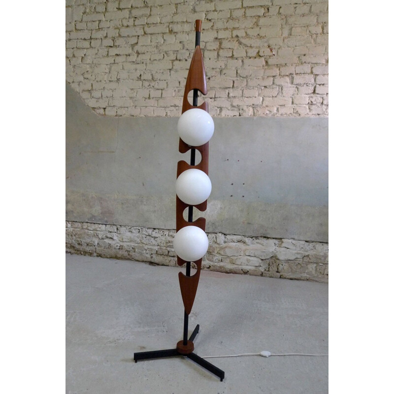 Vintage Floor Lamp in opaline and teak by Reggiani, 1950s