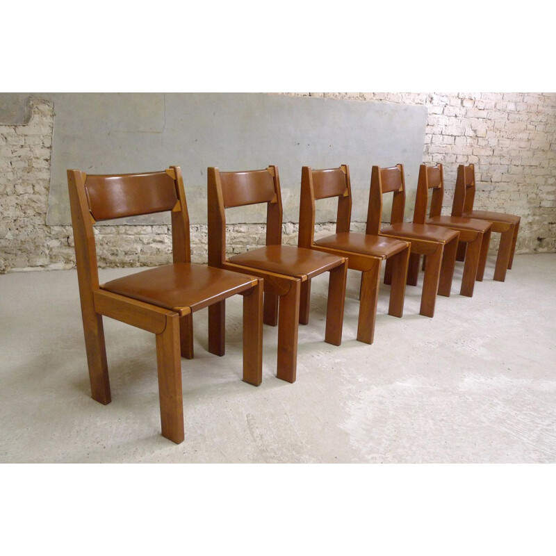 Vintage seet of 6 elm and leather chairs by Roche Bobois, 1980