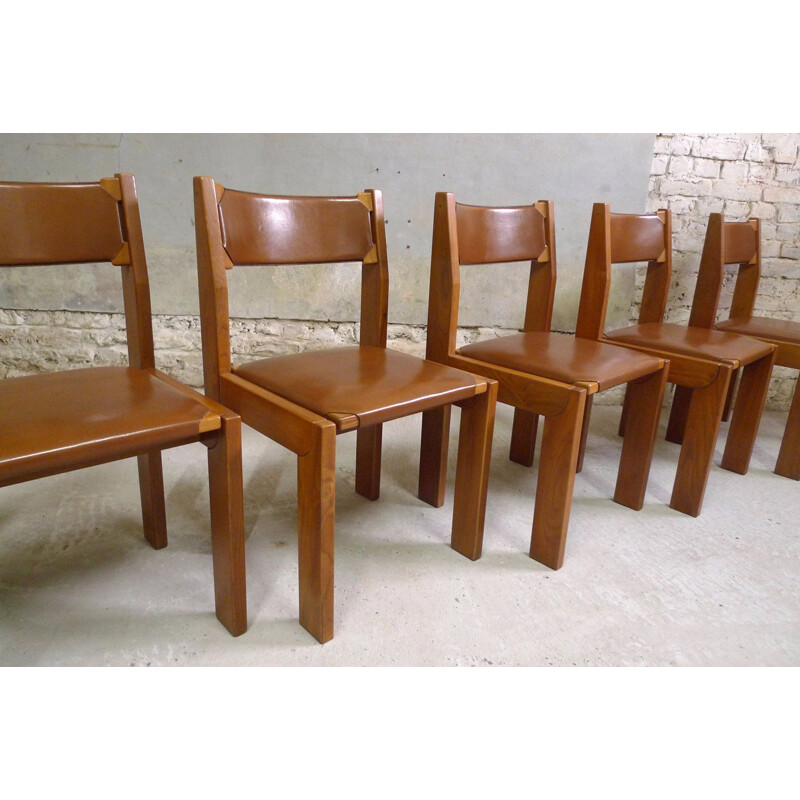 Vintage seet of 6 elm and leather chairs by Roche Bobois, 1980