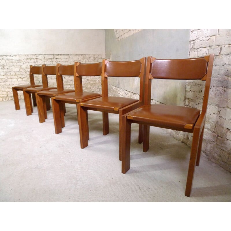 Vintage seet of 6 elm and leather chairs by Roche Bobois, 1980