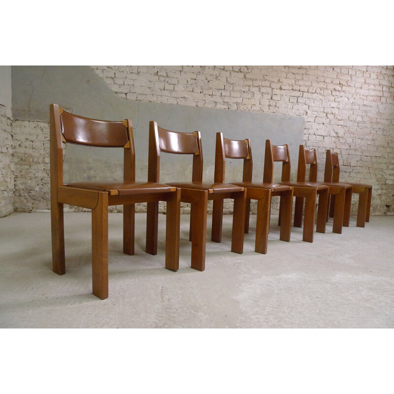 Vintage seet of 6 elm and leather chairs by Roche Bobois, 1980