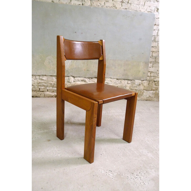 Vintage seet of 6 elm and leather chairs by Roche Bobois, 1980