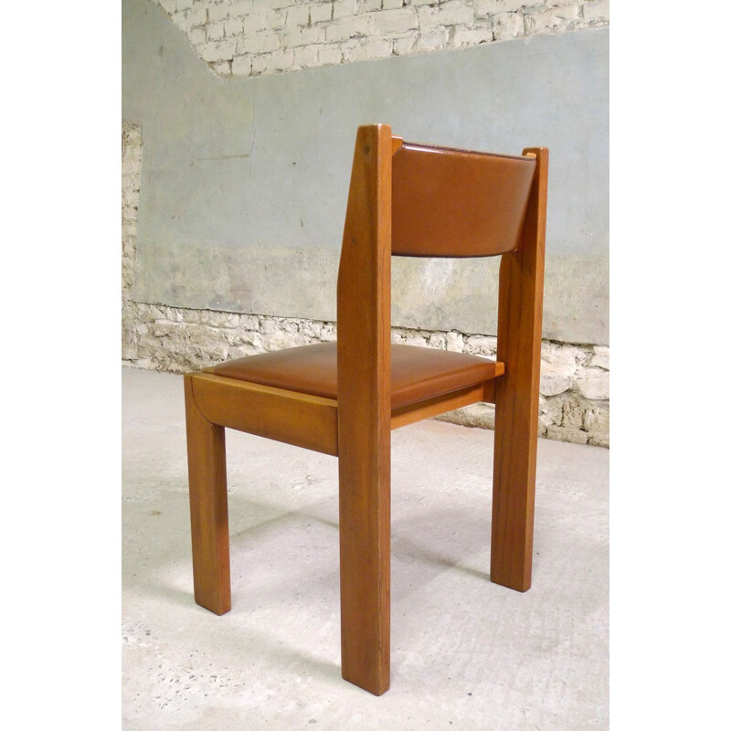 Vintage seet of 6 elm and leather chairs by Roche Bobois, 1980