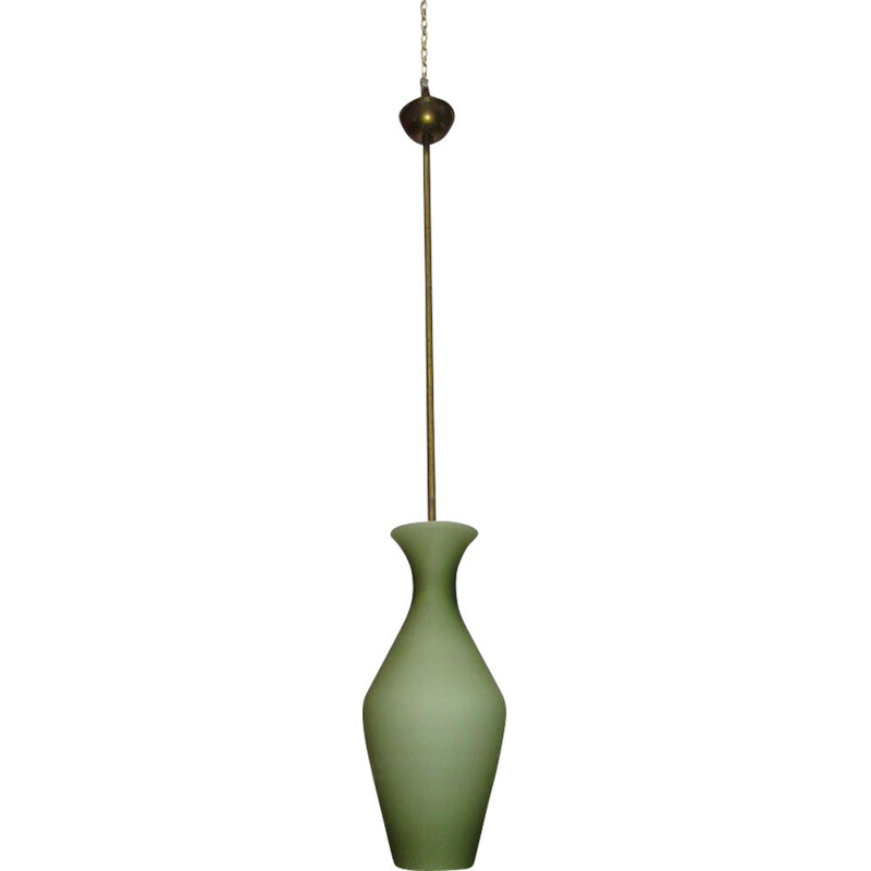 Lampadario vintage in vetro colorato verde con struttura in ottone di Stilnovo 1950