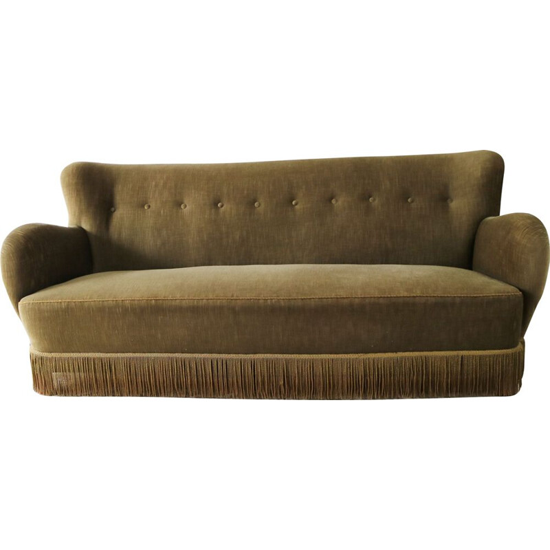 Vintage danish sofa in green velour with fringed bottom 1930