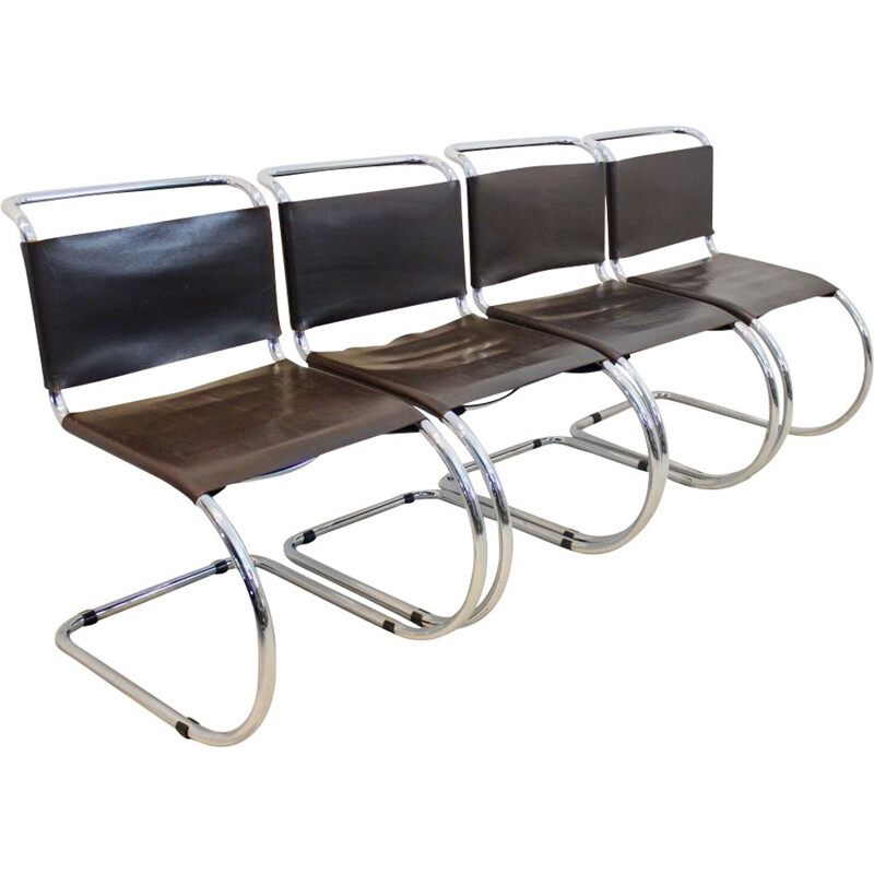 Suite de 4 chaises MR10 en cuir chocolat par Ludwig Mies van der Rohe, 1960