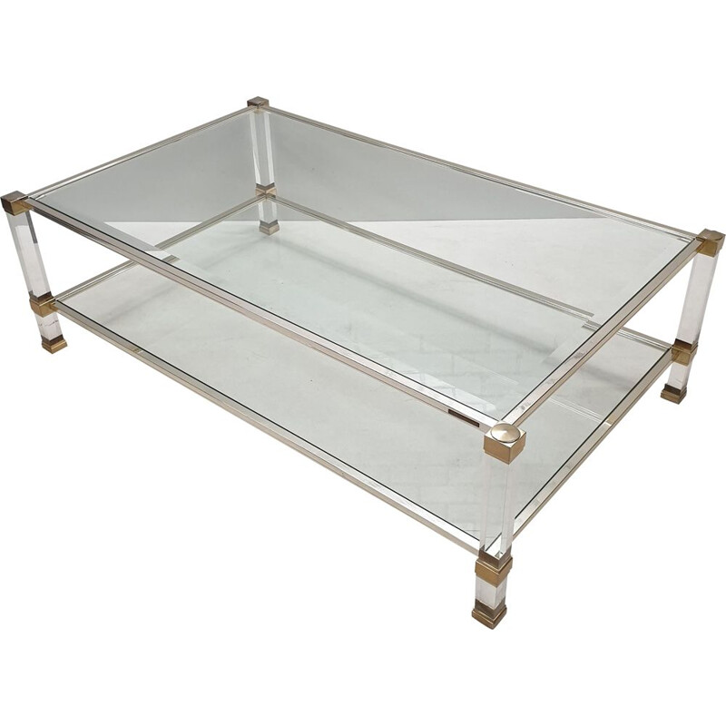 Vintage lucite & gilt metal 2-tier coffee table by Pierre Vandel, 1980s