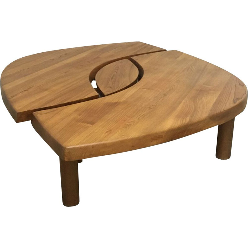 Vintage coffee table T22 "L'oeil" in solid elm, by Pierre Chapo, 1972