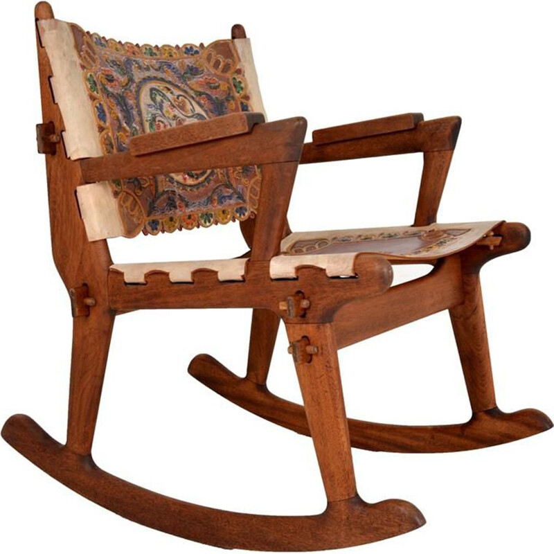 Vintage rocking chair in wood and leather by Angel Pazmino