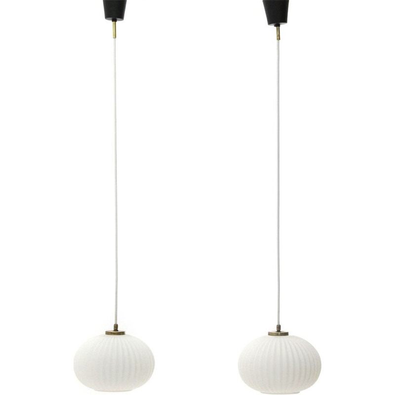 Set of 2 vintage opaline glass pendant lamps, Italy, 1950s