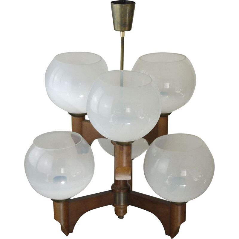 Vintage wooden chandelier 5 lights Czech Style 1970 