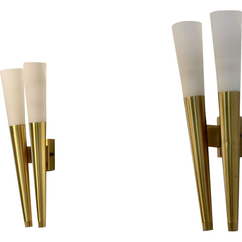 Pair of vintage Italian Brass & Opaline Glass Sconces, Italy 1970