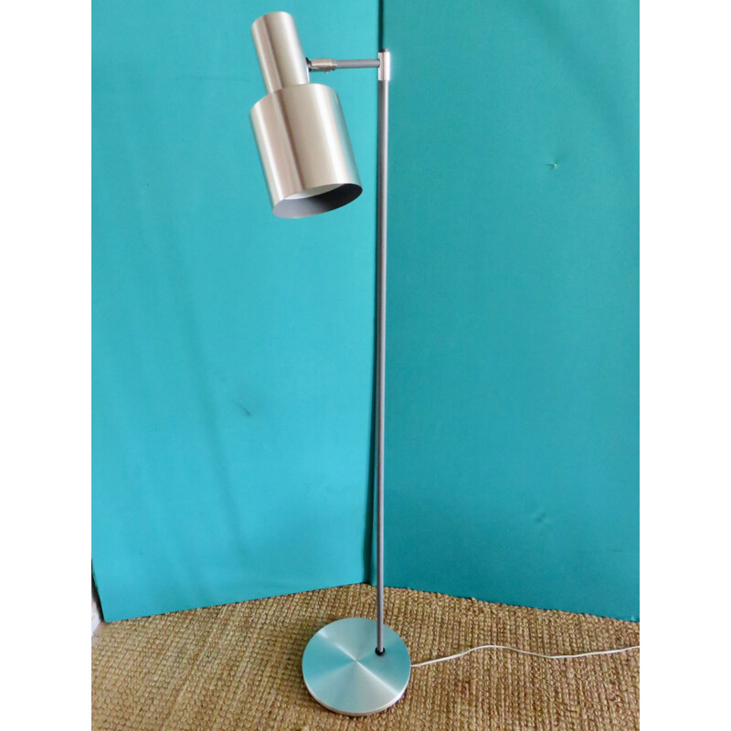 Lámpara de pie vintage de aluminio cepillado sobre pie de acero lacado gris, 1960