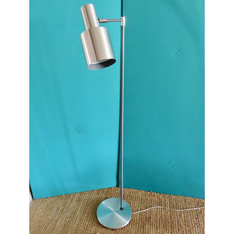 Vintage brushed aluminum floor lamp on grey lacquered steel stem, 1960