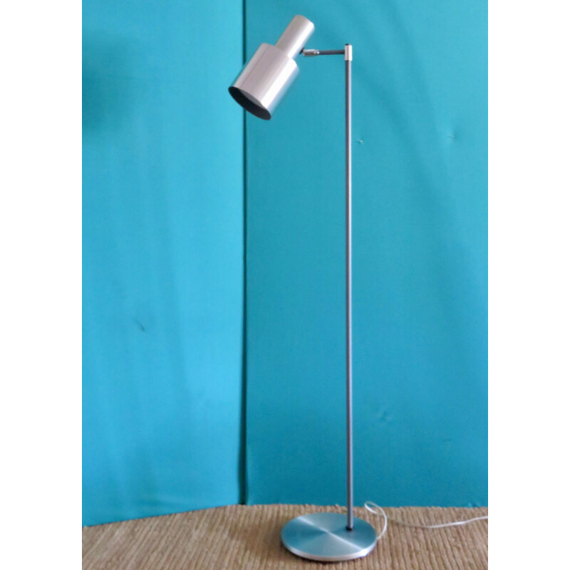 Vintage brushed aluminum floor lamp on grey lacquered steel stem, 1960