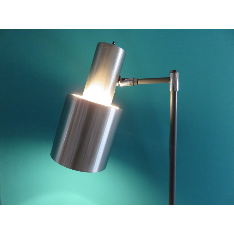 Vintage brushed aluminum floor lamp on grey lacquered steel stem, 1960