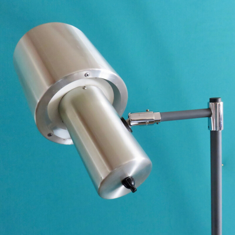 Vintage vloerlamp van geborsteld aluminium op grijs gelakte stalen steel, 1960