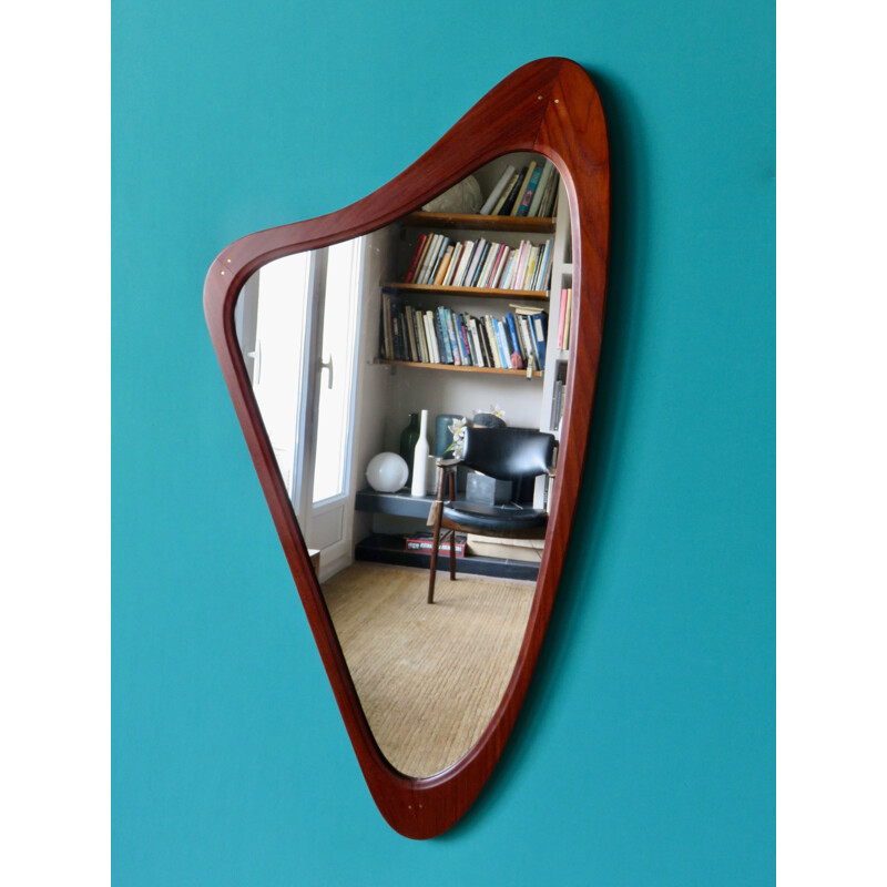 Vintage triangular mirror in Teck. Denmark 1960