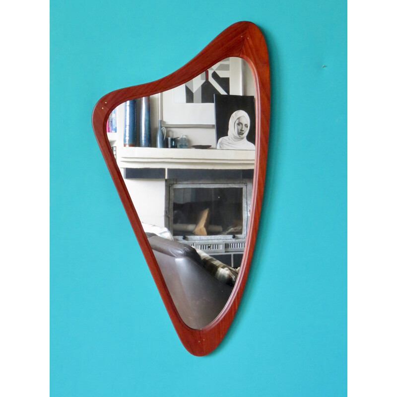 Vintage triangular mirror in Teck. Denmark 1960