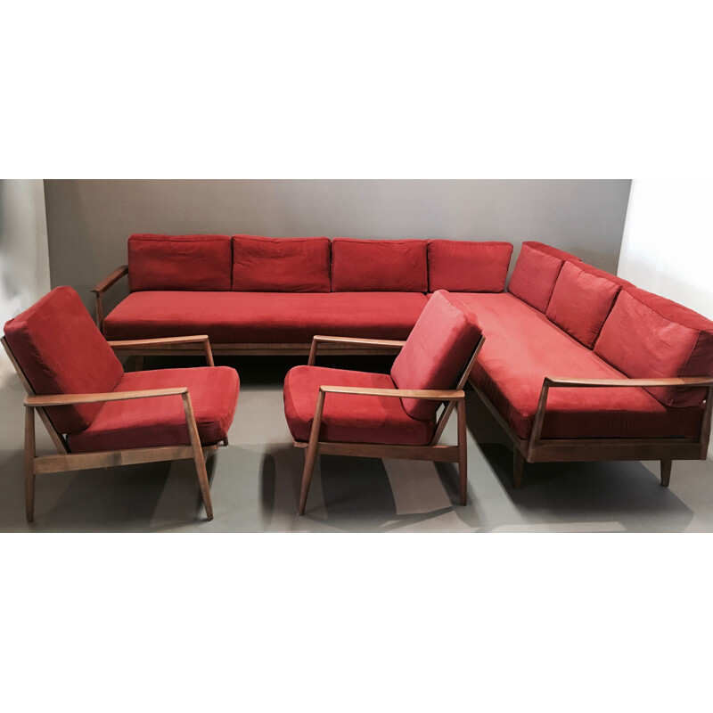 A modular set vintage of 2 sofas and 2 armchairs 1950