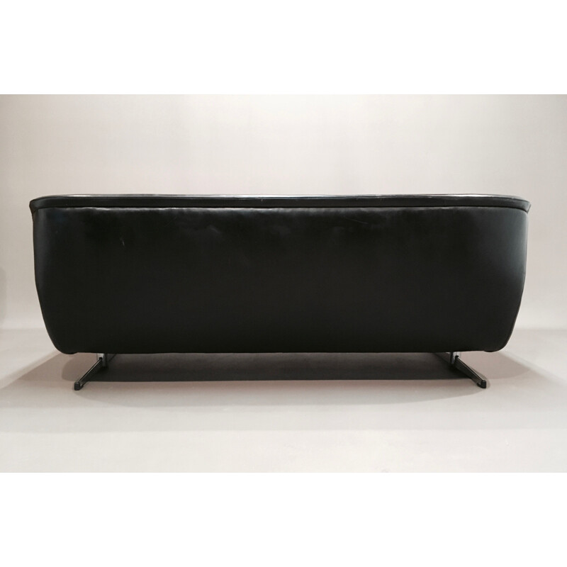 Vintage 3-seater black sofa made entirely of leather and chrome 1950