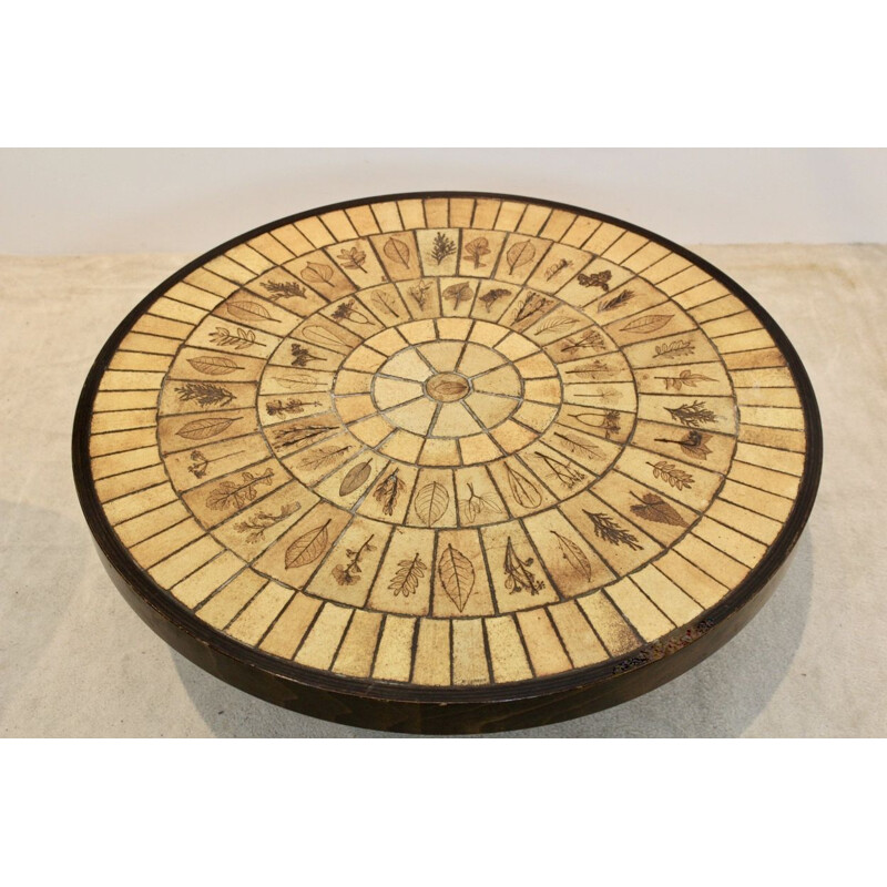 Ceramic tiled and oak wood Artwork vintage coffee table by Roger Capron, 1970s