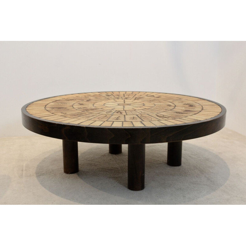 Ceramic tiled and oak wood Artwork vintage coffee table by Roger Capron, 1970s