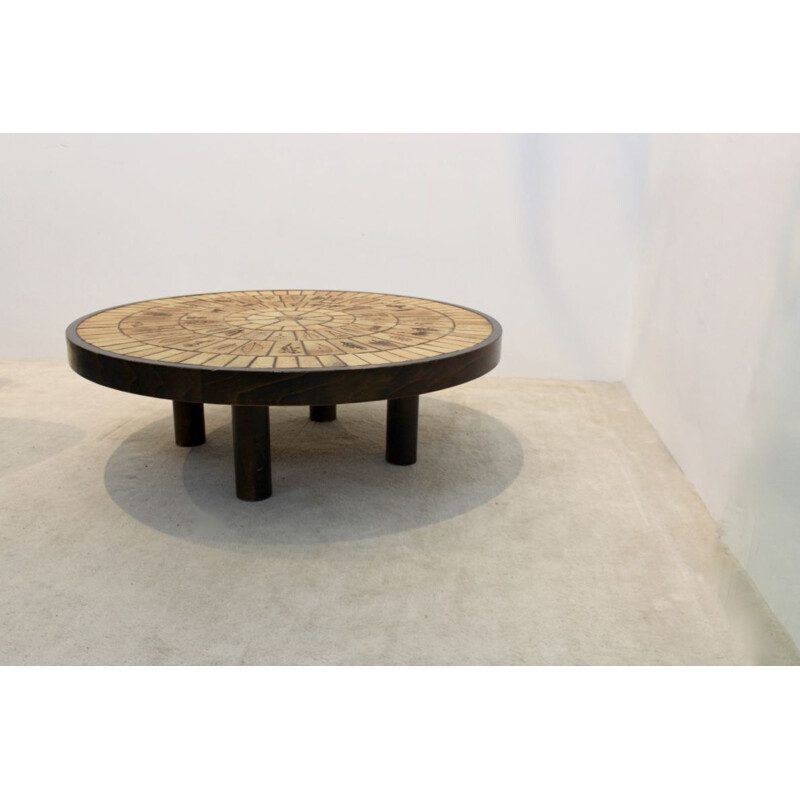 Superbe table basse vintage en céramique et en chêne par Roger Capron, 1970