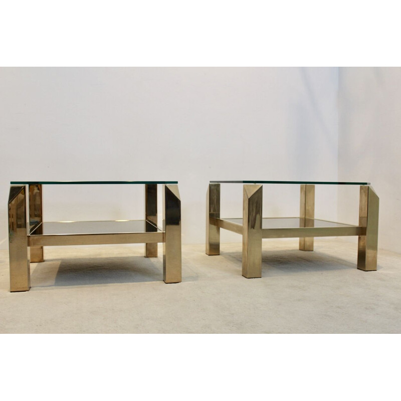 Set of 2 Belgochrom glass vintage side tables, 1970s