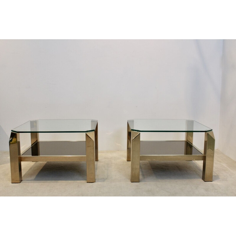 Set of 2 Belgochrom glass vintage side tables, 1970s