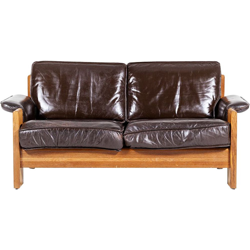 Set of 2 vintage oak and leather 2-seater sofas by Harry de Groot from Leolux, 1970s