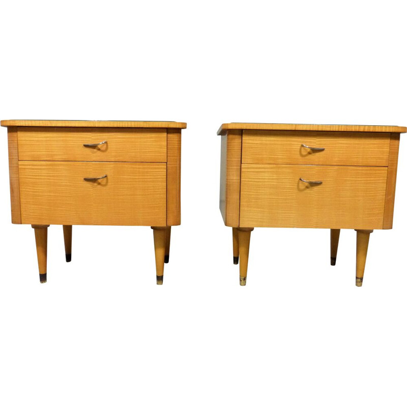 Set of 2 vintage glass and wood night tables, 1950