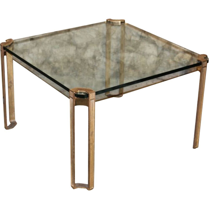 Vintage square coffee table in glass and brass by Peter Ghyzcy, 1970s