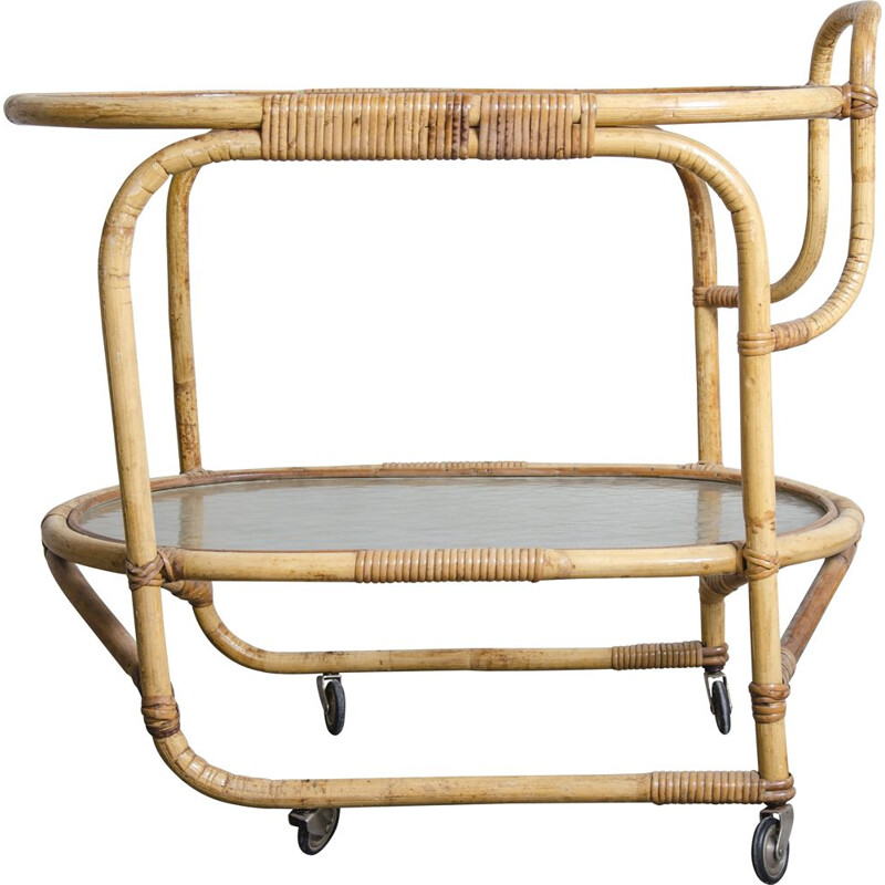 Rattan and glass vintage serving trolley by Rohé Noordwolde, 1960