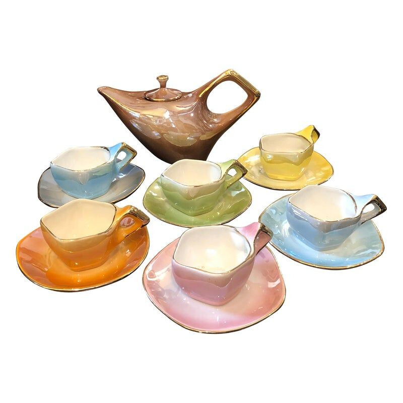 Italian multicolored ceramic vintage tea set, 1950s