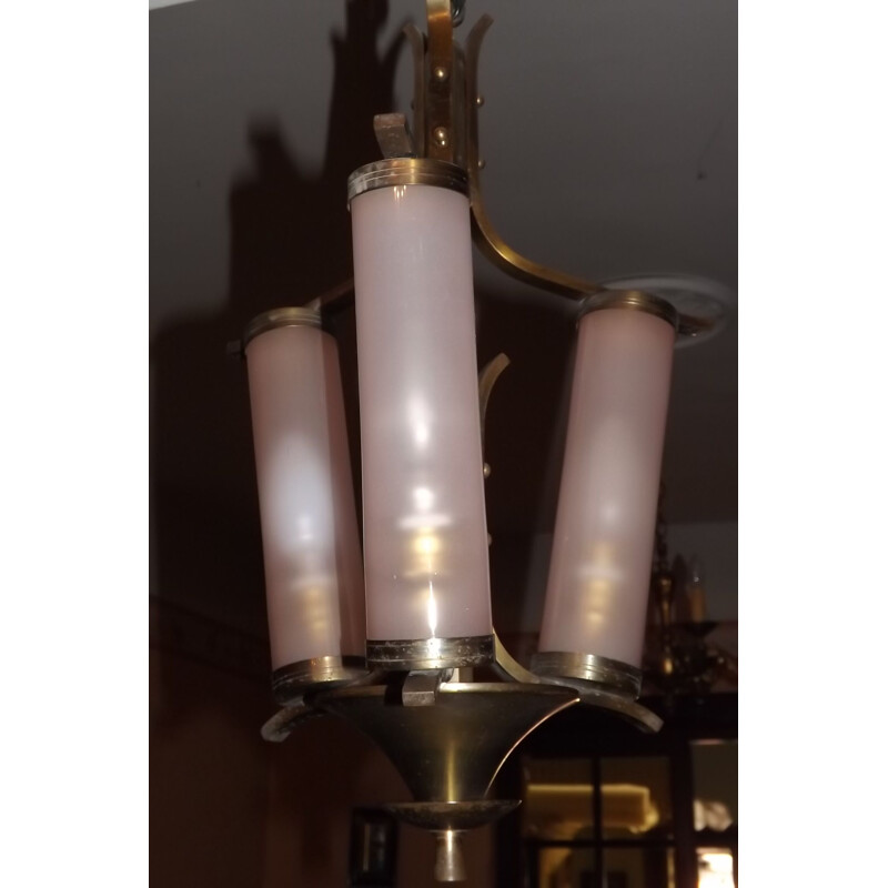 Vintage petitot chandelier with 3 glass tubes and brass, 1950s