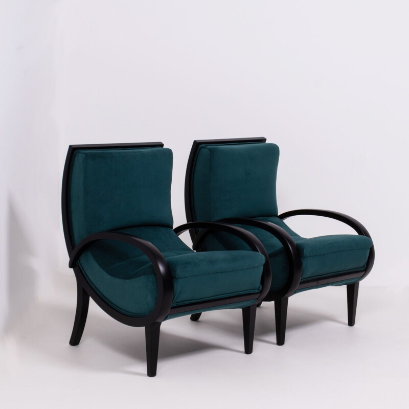 Set of 2 vintage velvet and wood armchairs, 1920s