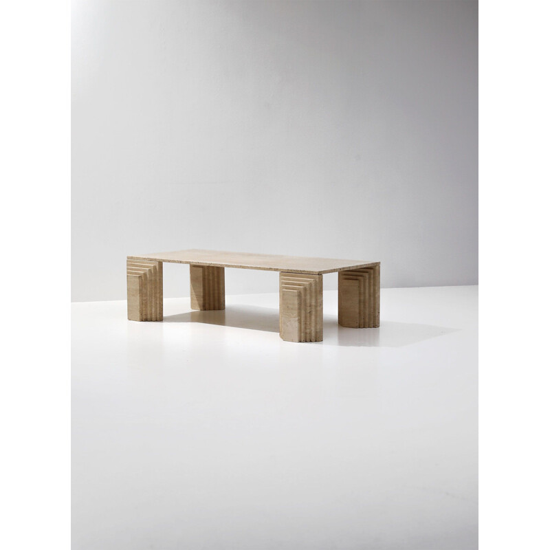 Table basse vintage en travertin, design architectural, 1970