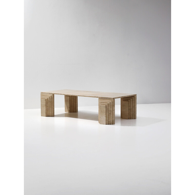 Table basse vintage en travertin, design architectural, 1970