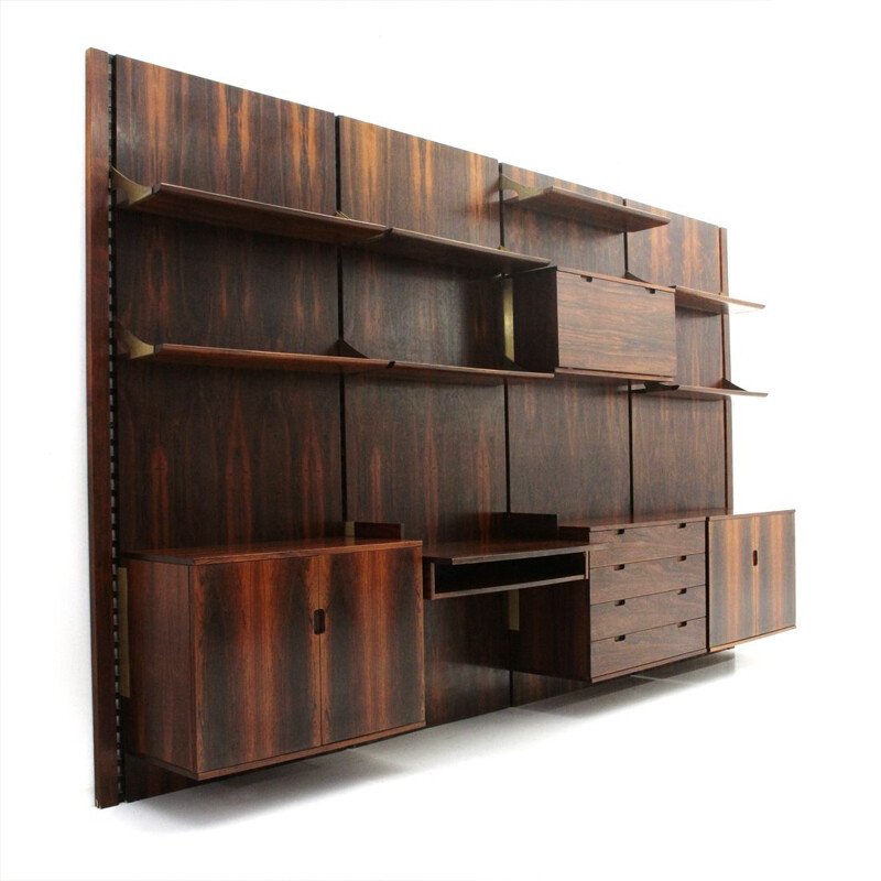 Vintage wood and brass modular wall bookcase by Marco Comolli for Mobilia, 1960s