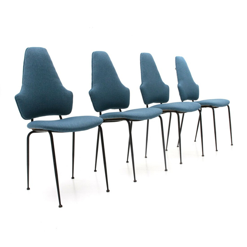 4 vintage black metal and fabric dining chairs, Italy, 1950s