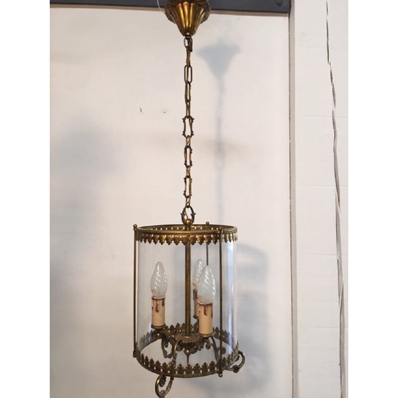 Vintage bronze and glass pendant light 3 lamps, 1950s