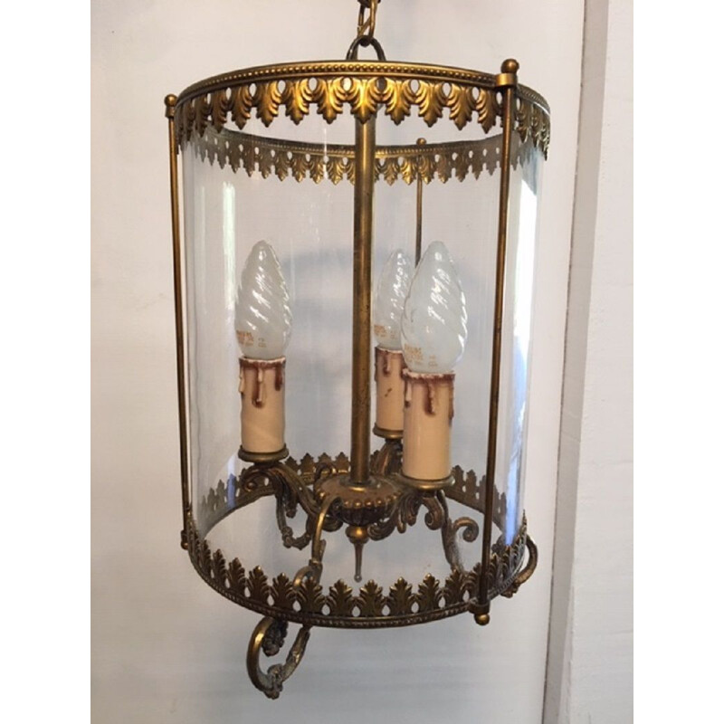 Vintage bronze and glass pendant light 3 lamps, 1950s