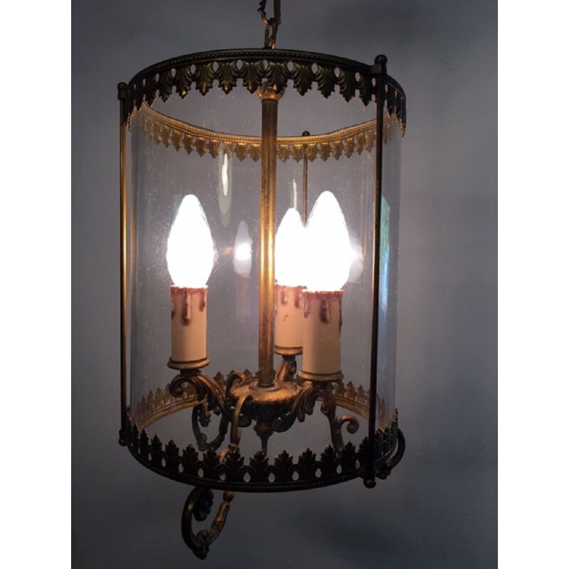 Vintage bronze and glass pendant light 3 lamps, 1950s