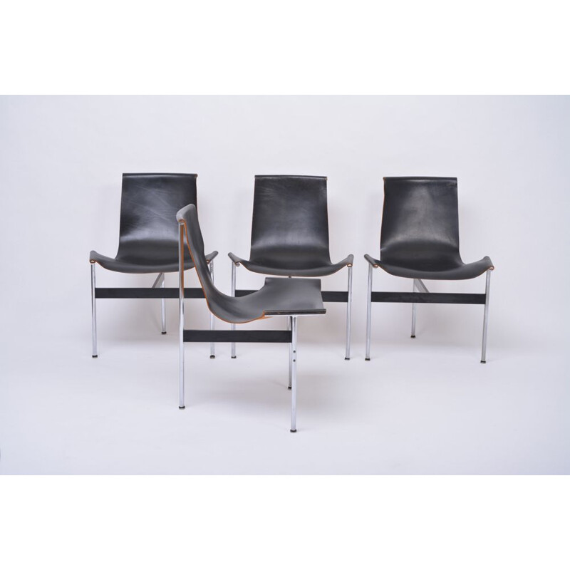 Set of four vintage T-Chairs in black leather by Katavolos, Littell and Kelly 1952